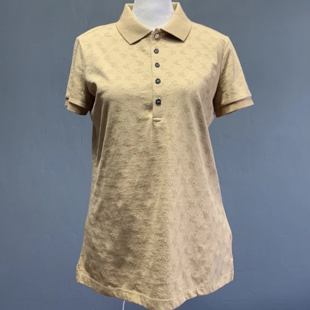 LAUREN RALPH LAUREN Women's Sz S/P Polo Logo Jacquard Polo Shirt in Birch Tan